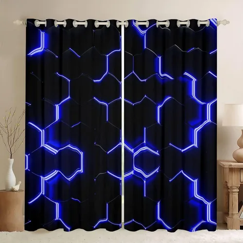Miniatura 52 de Feelyou - Cortinas de ventana en forma de panal, tema geométrico hexagonal con luces de neón verdes, para chicos adolescentes y hombres, elegante