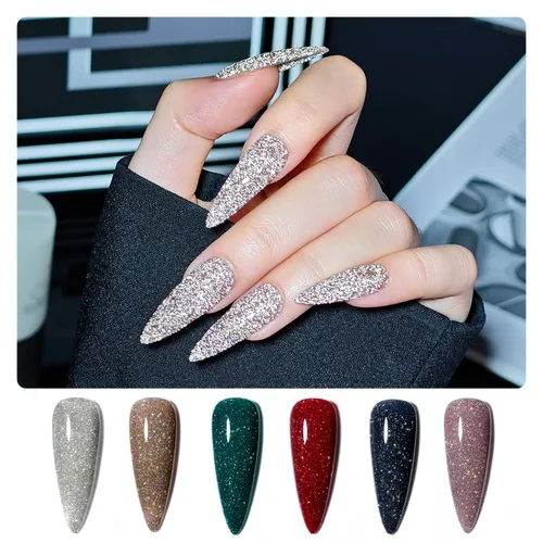 Miniatura 2 de GAOY Juego de esmalte de uñas de gel con brillantina reflectante de 6 colores, incluye colores rosa, plateado, rojo, verde, kit de esmalte de gel