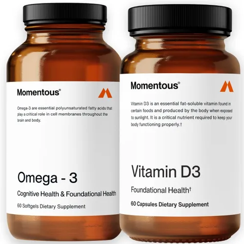 Momentous Aceite de pescado omega-3 de 1,600 mg y suplemento de vitamina D3 – Suplemento diario de omega-3 para EPA y DHA y cápsulas de 5,000 UI