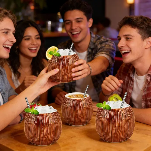 Miniatura 6 de LINALL Paquete de 4 tazas Tiki de cerámica de 17 onzas – Copas de cóctel de coco hawaiano para Mai Tai y piña colada, tazas Tiki duraderas, juego