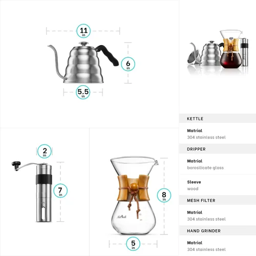 Miniatura 6 de Juego de cafetera vertida, el kit incluye hervidor de cuello de cisne de 40 onzas con termómetro, molinillo de café y cafetera de goteo de café