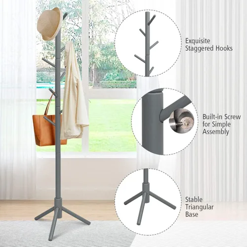 Miniatura 7 de Tangkula Perchero independiente, soporte de madera de goma con 8 ganchos, altura ajustable para entrada, abrigo de árbol, soporte para el hogar, Gris