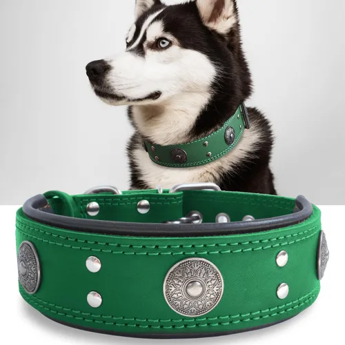 Miniatura 20 de Collar de cuero para perro, 2 pulgadas de ancho, collares de cuero genuino resistente, hecho a mano, suave y lujoso, la mejor opción llamativa