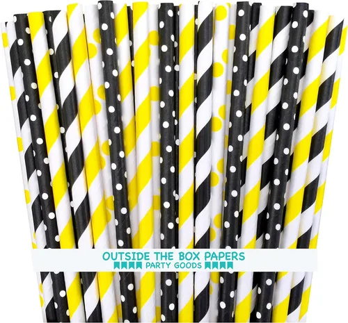 Outside the Box Papers Bee Theme - Pajitas de papel a rayas y lunares, 7.75 pulgadas, paquete de 100 unidades, color negro, amarillo, blanco
