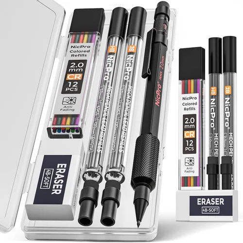 Nicpro Juego de lápices mecánicos de 2mm con estuche, 12 recambios de mina negra y de colores, borradores - MP2000 portaminas de metal resistente a
