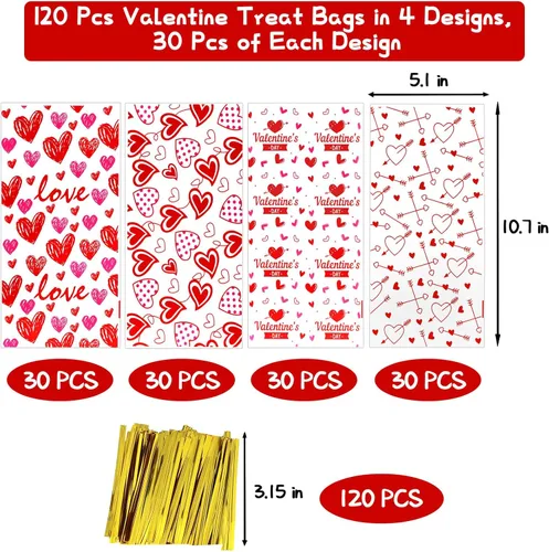 Miniatura 2 de ZMCINER 120 unidades de bolsas de celofán para dulces de San Valentín con lazos giratorios para fiestas y suministros de regalo Valentines
