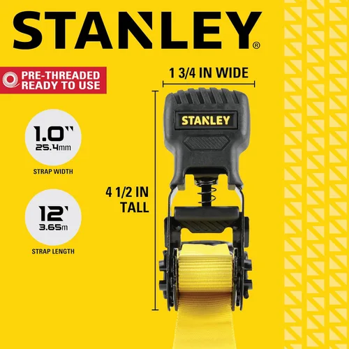 Miniatura 6 de STANLEY S10002-12 Correas de trinquete negras/amarillas de 1" X 12' - Carga de trabajo segura de 500 LBS / Fuerza de rotura de 1,500 LBS, paquete