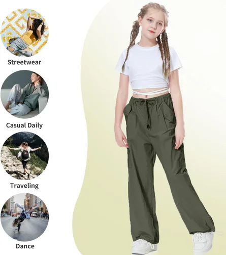 Miniatura 4 de Rolanko Pantalones de paracaídas para niñas, pantalones cargo Y2K con bolsillos, pantalones deportivos Harajuku para niños de 4 a 14 años