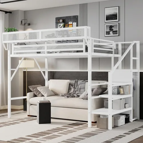 Miniatura 28 de KEIKI Estructura de Cama Loft de Metal Tamaño Twin con Escalera Convertible, Estantes de Almacenamiento Integrados y Armario, Cama Loft con Listones