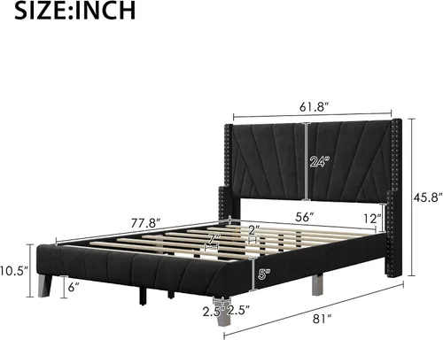 Miniatura 2 de Marco de cama tapizado de terciopelo contemporáneo con acolchado de canal y ribete de cabeza de clavos, no necesita somier (negro, matrimonial)