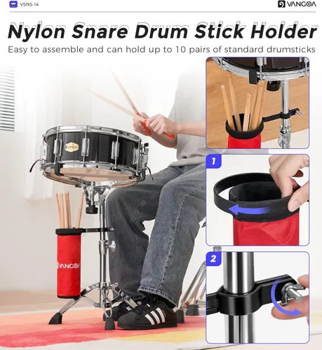 Miniatura 4 de Kit de tambor snare Vangoa con cabeza Remo de 14" x 5.5" para estudiantes de banda escolar de marcha principiantes con soporte, soporte