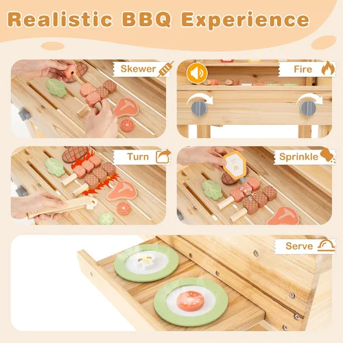 Miniatura 3 de HONEY JOY Cocina de barro, juego de parrilla de madera de abeto para niños al aire libre, juego de comida y herramientas de parrilla, bandeja