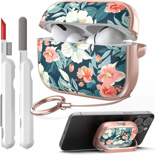TATOFY Funda con cerradura para estuche de Airpods Pro, funda rígida de flores para iPod Pro para mujeres y niñas con soporte para teléfono y kit de