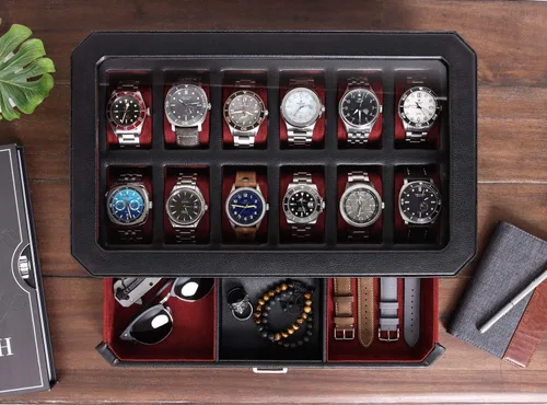 Miniatura 3 de Caja de reloj con cajón de valet para hombres 12 ranuras, caja de reloj de lujo, organizador de exhibición, forro de microgamuza, soporte