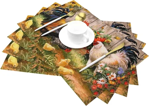 Miniatura 3 de Juego de 4 manteles individuales de gallo para gallina y pollos de PVC, antideslizantes, resistentes al calor, lavables, para el hogar, cocina