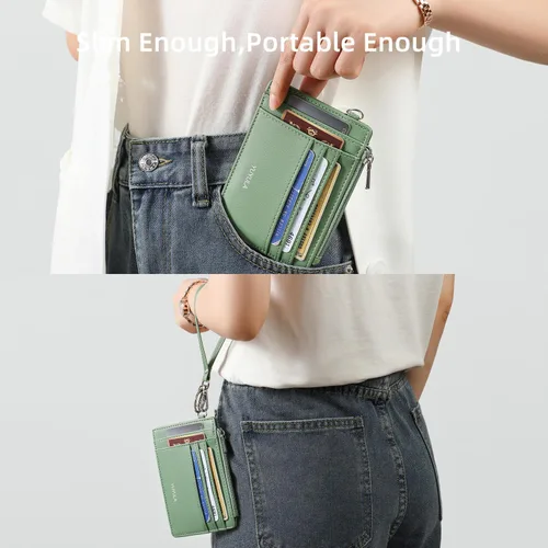 Miniatura 6 de Cartera de cuero suave con bloqueo RFID para mujer, con bolsillo con cremallera, pulsera delgada, Verde, Elegancia clásica
