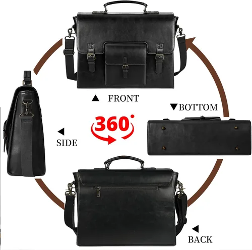 Miniatura 7 de Bolsa de mensajero de cuero para hombres y mujeres, 15.6 pulgadas, impermeable, de cuero vintage, maletín para laptop, bolso de hombro grande, bolsa