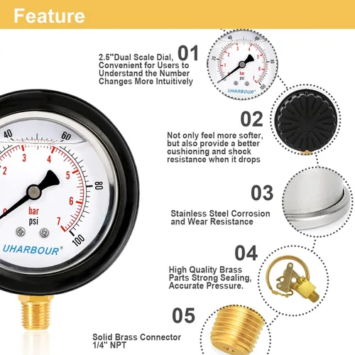 Miniatura 2 de Manómetro de presión de agua 2.5 pulgadas, esfera llena de líquido 0-100PSI, estuche protector de goma, montaje inferior de 1/4 pulgadas NPT