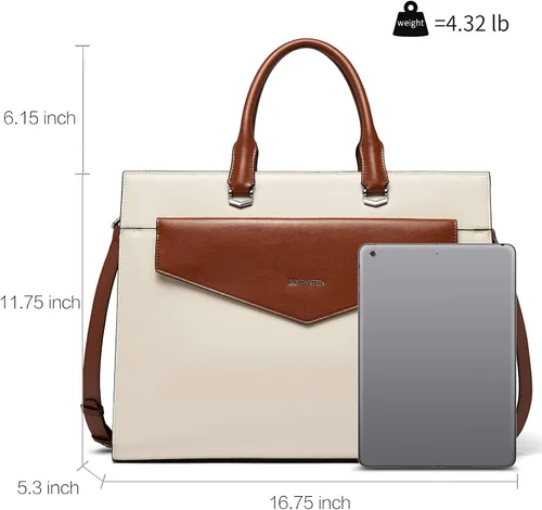 Miniatura 3 de BOSTANTEN Maletín para mujer con bolso para laptop de 15.6 pulgadas, bolso de mano de cuero genuino para el trabajo, color beige