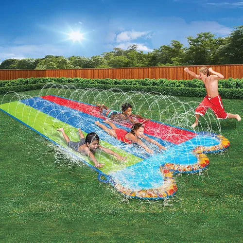 Miniatura 6 de BANZAI Triple Racer Tobogán acuático, longitud: 16 pies, ancho: 82 pulgadas, juguete inflable para salpicaduras de agua para patio trasero