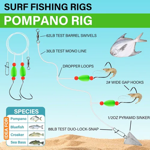 Miniatura 2 de Alwonder Paquete de 5 aparejos de pesca Pompano con flotadores Snell, aparejo giratorio de cebo vivo de agua salada, broches de presión de doble