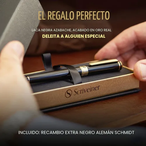 Miniatura 3 de Scriveiner Bolígrafo Rollerball de Laca Negra - Impresionante Bolígrafo de Lujo, Chapado en Oro Real, Repuesto de Tinta Schmidt, El Mejor Set de 1.