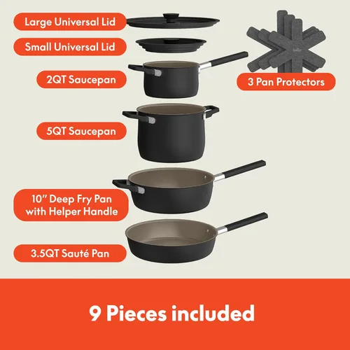 Miniatura 2 de BELLA - Juego de 9 piezas de ollas y sartenes de cerámica antiadherente, apto para cualquier cocina con revestimiento EverGood™, apto para Negro