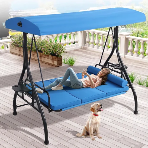 Grepatio Columpio de Porche Exterior con Toldo y Soporte, Columpio de Patio para 3 Personas para Adultos, Columpio de Cama de Porche Convertible 2