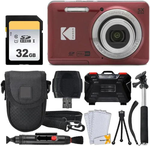 Kodak PIXPRO FZ55 - Cámara digital (rojo) + Tarjeta de memoria de 32GB + Estuche para cámara Point and Shoot + Monopié extensible + Lápiz limpiador