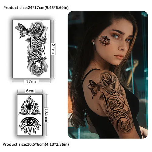 Miniatura 8 de Yazhiji 36 hojas de calcomanías temporales de tatuajes, 12 hojas de tatuajes falsos para hombres o mujeres, con 24 hojas, color negro pequeño Lobo