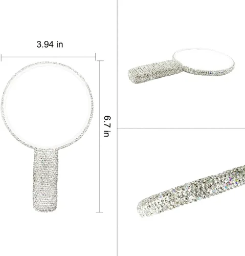 Miniatura 2 de LOPURO Espejo de mano con forma redonda de diamantes de imitación, espejo redondo de mano con diamantes de imitación, bonito espejo de mano
