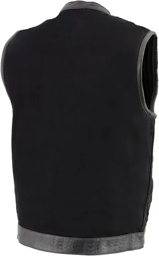 Miniatura 6 de Milwaukee Leather MDM3010 - Chaleco de motociclista estilo club de mezclilla negra para hombre con ribete de cuero y cremallera oculta