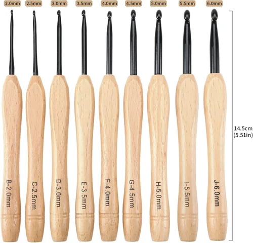 Miniatura 5 de Create idea Juego de 9 ganchos de ganchillo con mango plano ergonómico, agarre de madera para tejer a ganchillo, suministros ligeros de 0.079