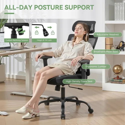 Miniatura 6 de Silla ergonómica de oficina con respaldo alto de malla, silla de escritorio de oficina con soporte lumbar ajustable, sillas de trabajo rodantes