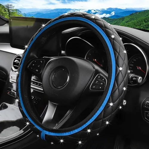 Funda de cuero brillante para volante, 15 pulgadas, antideslizante, elástico, protector de volante con diamante brillante para mujeres y niñas, Azul