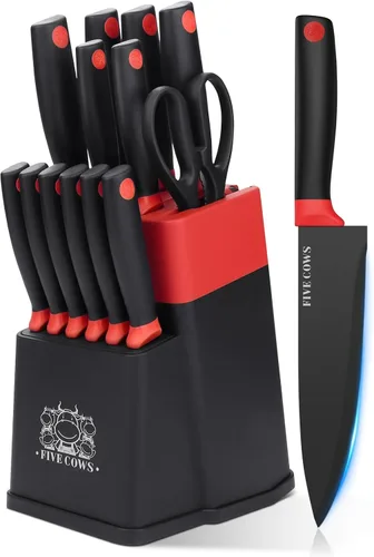 Juego de 14 piezas de bloque de cuchillos de cocina con afilador, cuchillos de chef de acero inoxidable de alto carbono alemán, hoja de afeitar Rojo