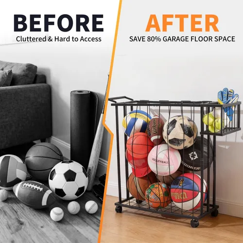 Miniatura 6 de Carrito de almacenamiento de pelotas multideportivo con cesta lateral para guantes y tenis; correas elásticas de acceso a la gravedad para niños
