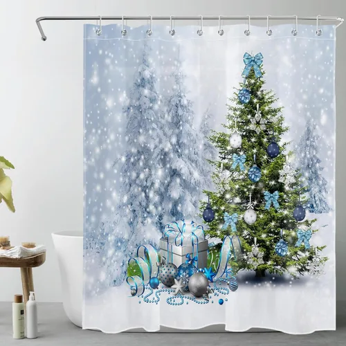 Miniatura 17 de EOBTAIN Cortina de ducha de hojas verdes de Navidad para baño, ramas de piña y abeto con bayas rojas sobre negro, cortina de ducha con 12 ganchos
