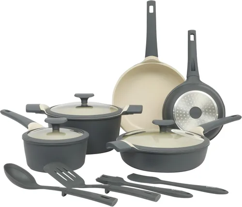 Oster Platinum Rooney - Juego de ollas y sartenes de aluminio fundido de 12 piezas, sin PFA, cerámica antiadherente, juego de utensilios de cocina