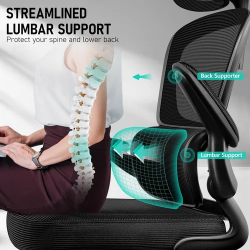 Miniatura 3 de BESTFAIR Silla de oficina ergonómica de respaldo alto, silla de escritorio de malla transpirable con soporte lumbar, reposacabezas ajustable, Negro