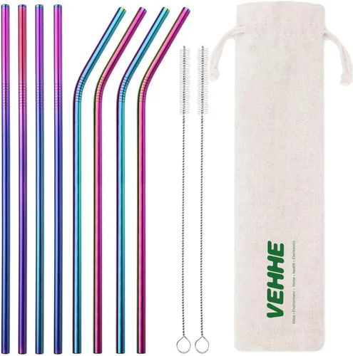 VEHHE Pajitas de metal para beber de 10.5 pulgadas, popotes de acero inoxidable reutilizables, juego de 8 – Cepillo de limpieza de color arcoíris