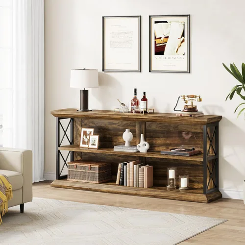 Miniatura 2 de Mesa de consola larga de 63 pulgadas con 3 niveles de almacenamiento para entrada, mesa de sofá de madera detrás del sofá para pasillo de sala
