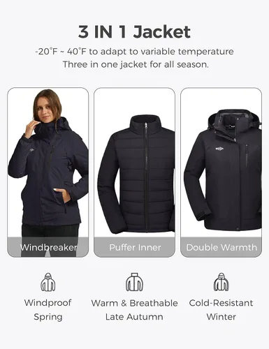 Miniatura 3 de Wantdo - Chaqueta impermeable 3 en 1 para mujer, abrigo de invierno cálido, resistente al viento, chaqueta de snowboard con capa de puffer