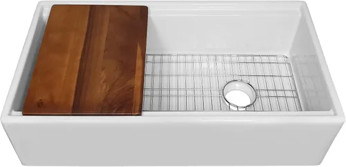 Miniatura 8 de Whitehaus Collection Juego de fregadero reversible de arcilla refractaria de un solo tazón con un delantal frontal liso, tabla de cortar de madera