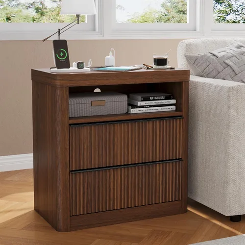 Miniatura 6 de Juego de 2 mesitas de noche acanaladas con cajón, mesita de noche grande y moderna con puerto USB y tomacorriente, mesita de noche de mediados