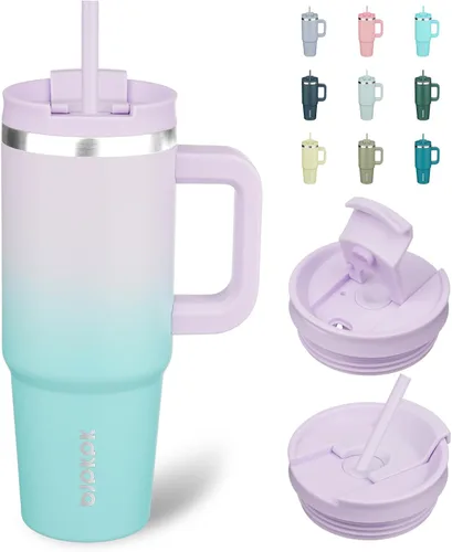 Miniatura 41 de BJPKPK - Vasos con aislamiento térmico, con asa y pajilla, vasos térmicos de acero inoxidable de 40 onzas con tapa, color rosado claro Rosa claro