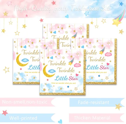 Miniatura 5 de Juego de 96 piezas de vajilla Twinkle Twinkle Little Star para revelación de género, platos de baby shower, servilletas, tenedores, vajilla