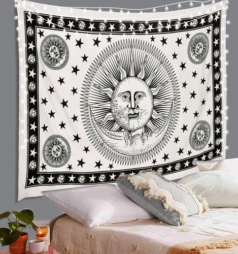 Miniatura 7 de ANJANIYA Tapiz de mandala de teñido anudado, celestial, sol, luna, estrella, planeta, bohemio, tarot, tapiz bohemio para colgar en la pared
