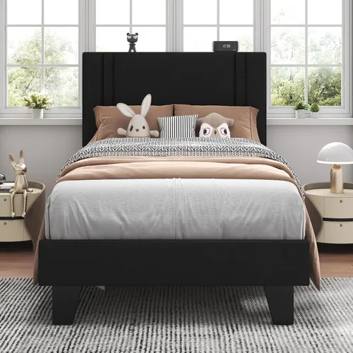 Miniatura 12 de Feonase - Base de cama de tamaño individual con plataforma tapizada, base de cama tapizada con respaldo abatible, listones de madera maciza y Gris