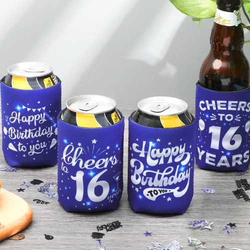 Miniatura 4 de Decoración de manga enfriadora de latas de cumpleaños número 16, 24 piezas de recuerdos de fiesta para niñas y niños, suministros de decoración